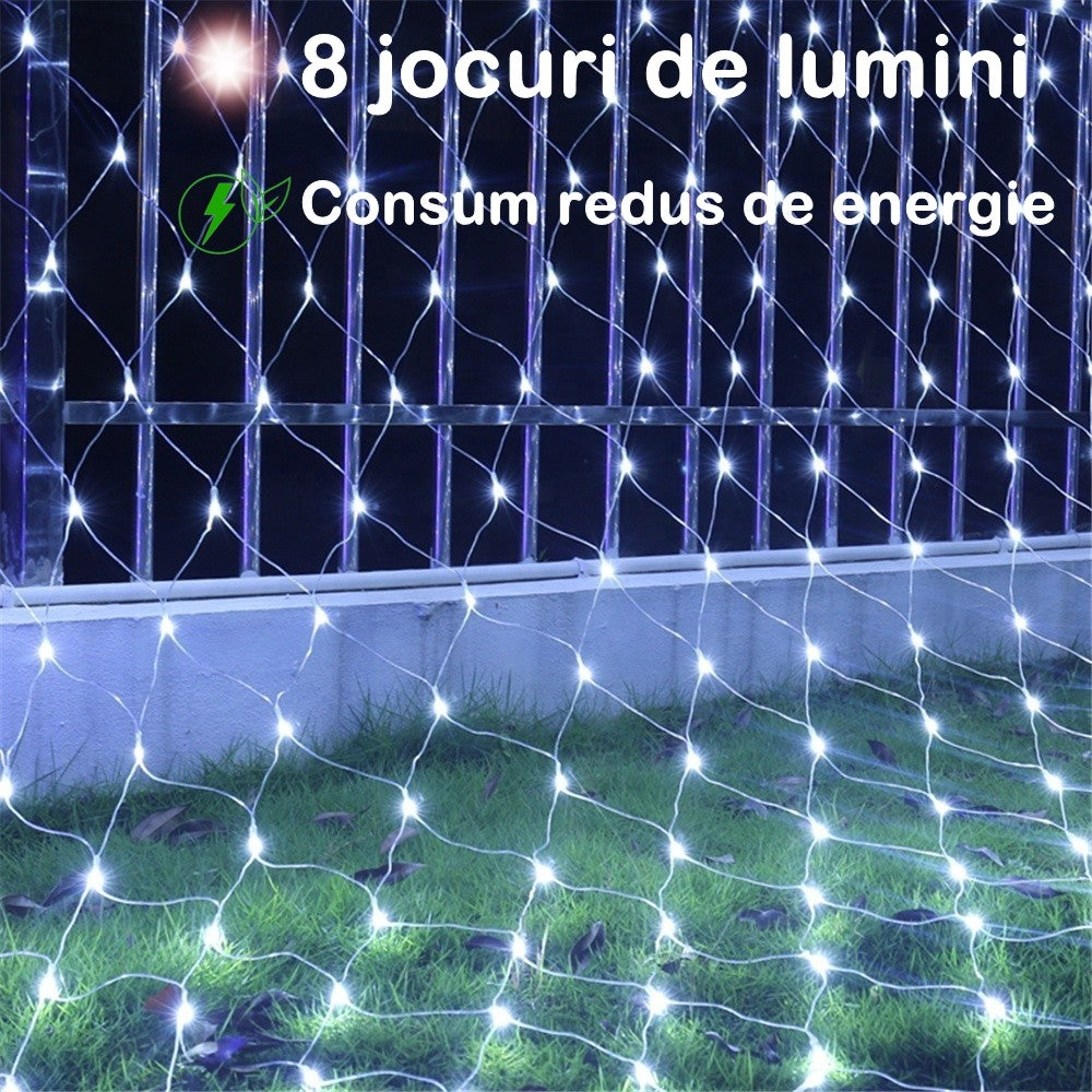 Instalatie Craciun, Tip Plasa, 3 m x 1 m, 160 LED-uri, Prelungitor 1.5 m, 8 Jocuri de Lumini, Interconectabila, Fir transparent, Interior/Exterior, Alb Rece