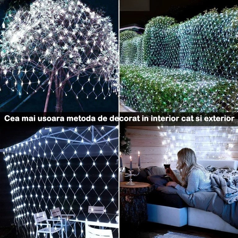 Instalatie Craciun, Tip Plasa, 3 m x 1 m, 160 LED-uri, Prelungitor 1.5 m, 8 Jocuri de Lumini, Interconectabila, Fir transparent, Interior/Exterior, Alb Rece