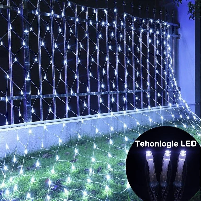 Instalatie Craciun, Tip Plasa, 3 m x 1 m, 160 LED-uri, Prelungitor 1.5 m, 8 Jocuri de Lumini, Interconectabila, Fir transparent, Interior/Exterior, Alb Rece