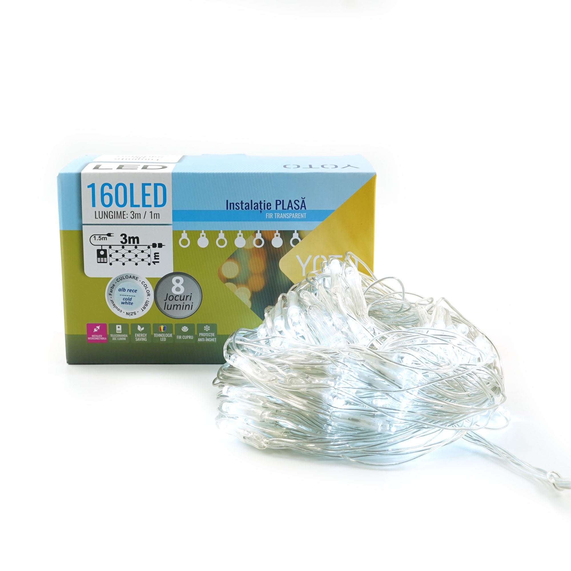Instalatie Craciun, Tip Plasa, 3 m x 1 m, 160 LED-uri, Prelungitor 1.5 m, 8 Jocuri de Lumini, Interconectabila, Fir transparent, Interior/Exterior, Alb Rece