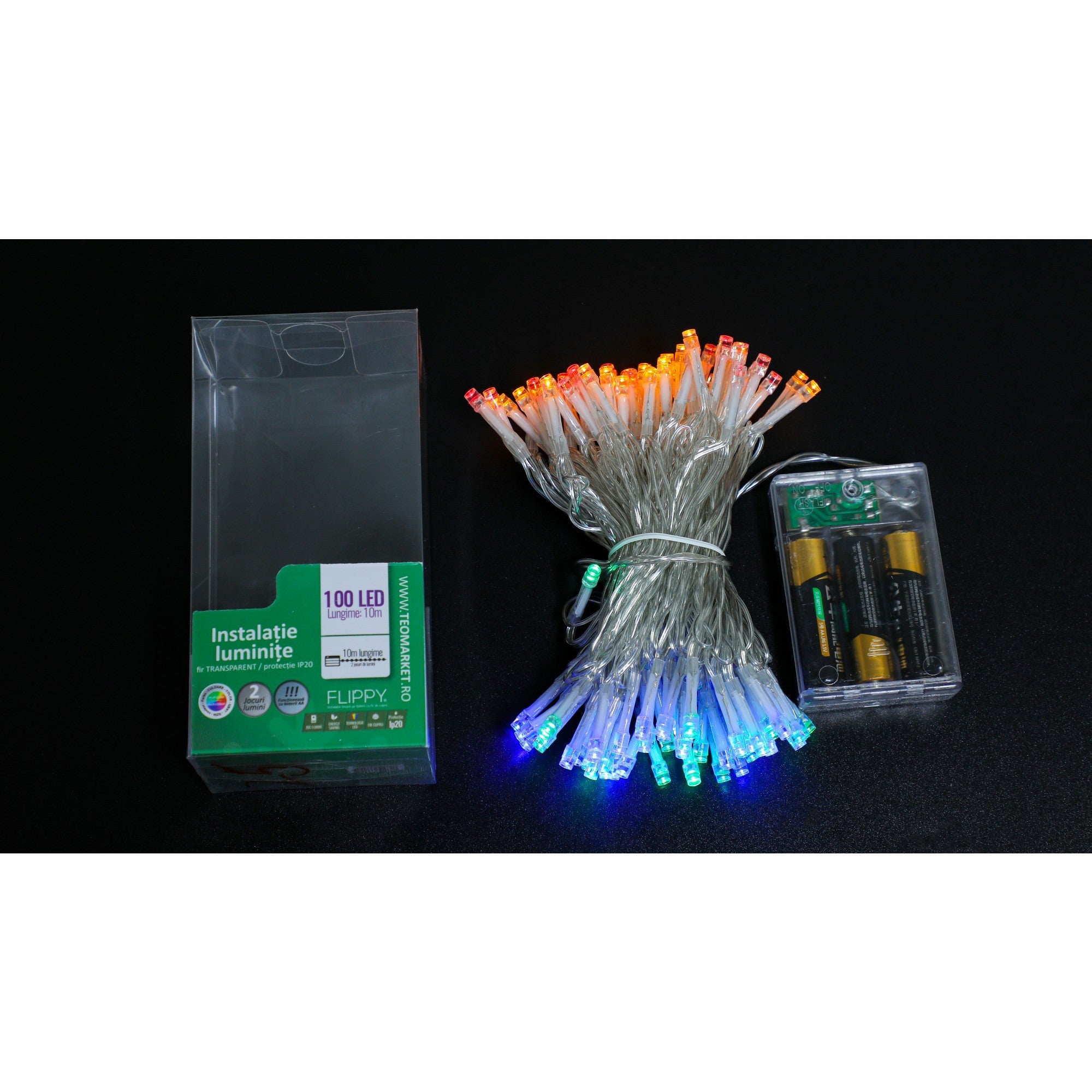 Instalatie de Craciun cu Baterii Tip Liniar, 2 jocuri de lumini, Fir Transparent 10 m 100 LED -uri, Multicolor, Resigilat