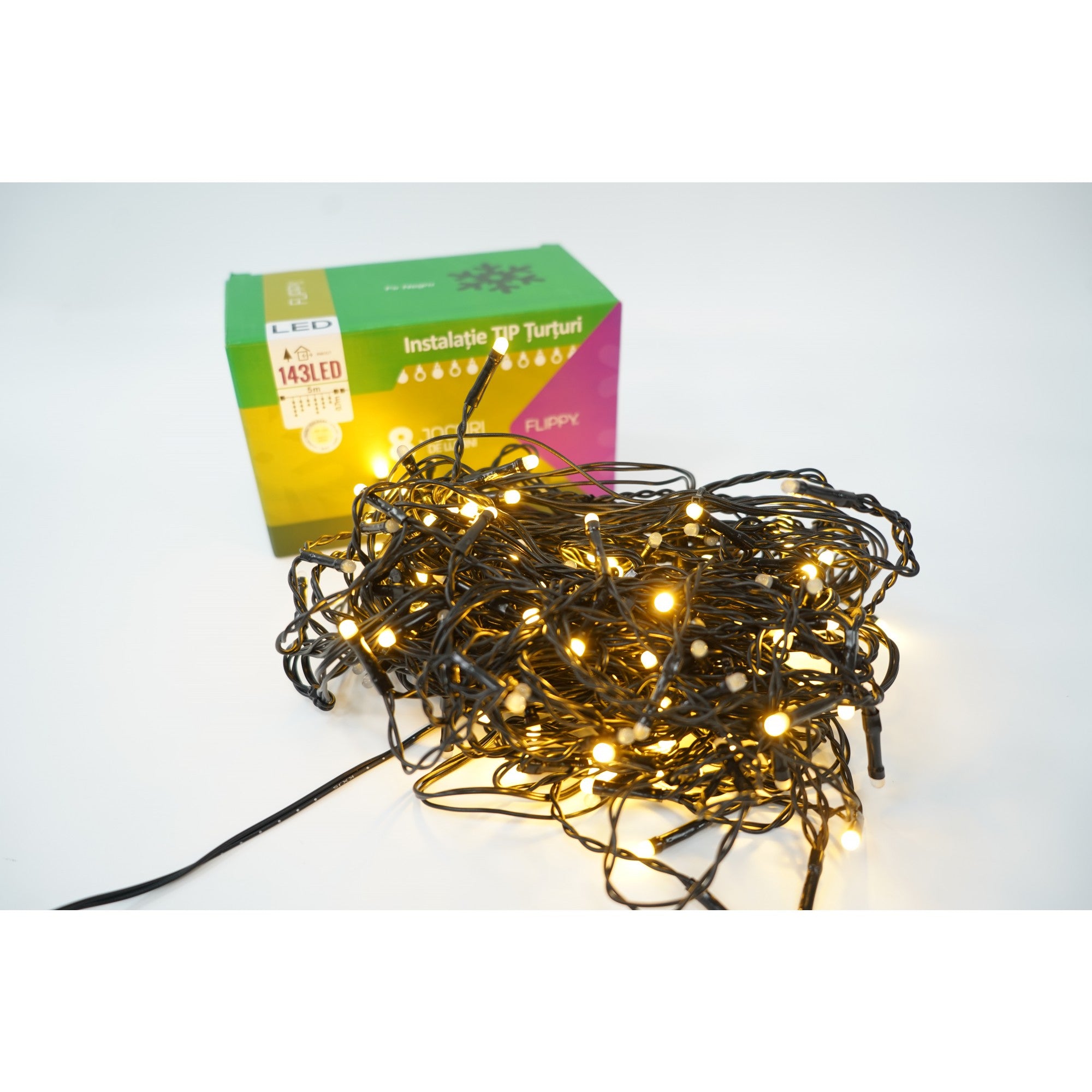 Sectiune Instalatie de Craciun®, Tip Turturi, Fara Alimentator, 5m, 143 LED-uri, 8 Jocuri de Lumini, Fir Negru, Lumina Alb Cald, IP44, Interconectabila