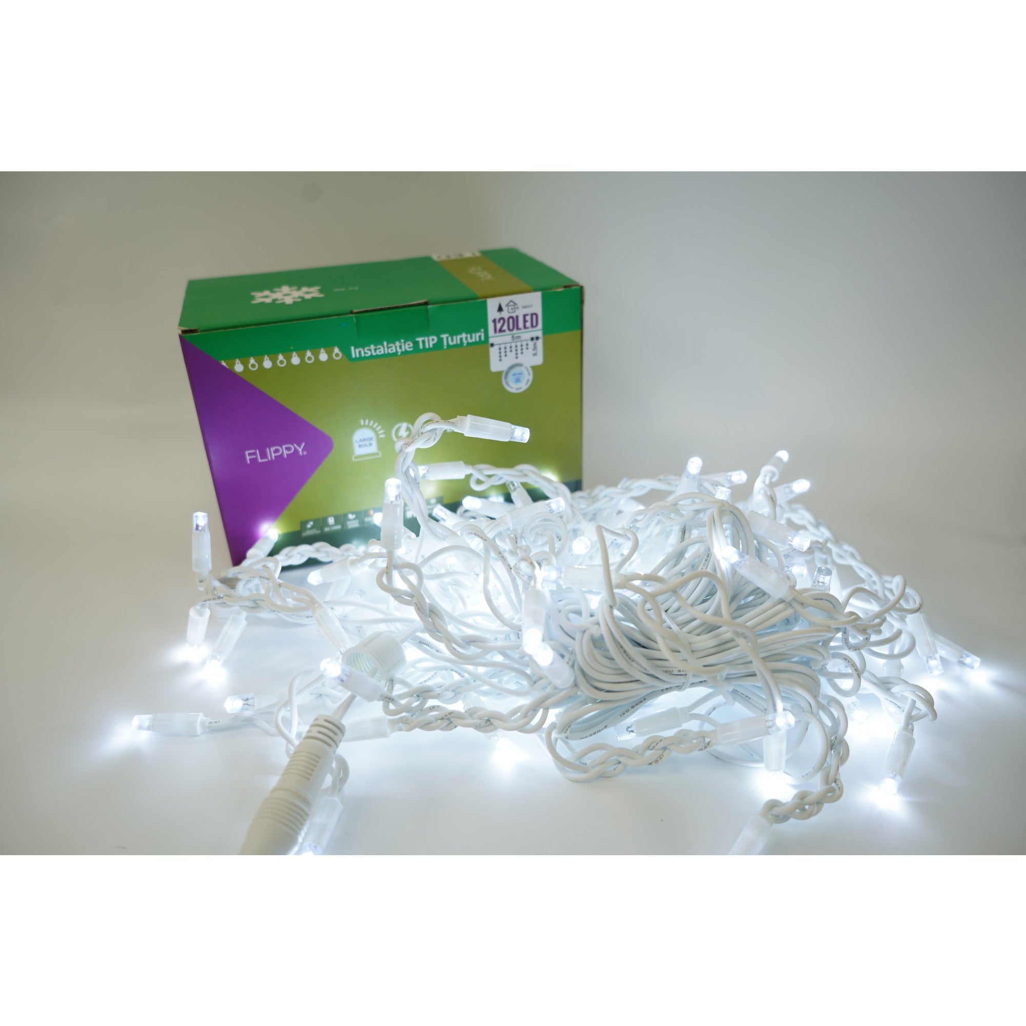 Instalatie de Craciun ® Tip Franjuri cu Flash, IP65, Sectiune 5 m, 120 LED-uri, Interconectabila, Fir Alb, Alb Rece, Atentie! Nu contine Alimentator