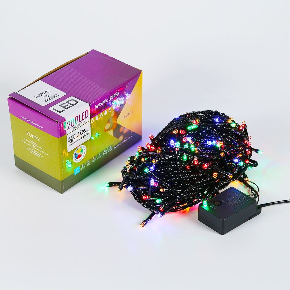 Instalatie de Craciun Flippy® Tip Liniara, Fir Negru, 17 m, 200 LED-uri Interconectabila, Multicolor
