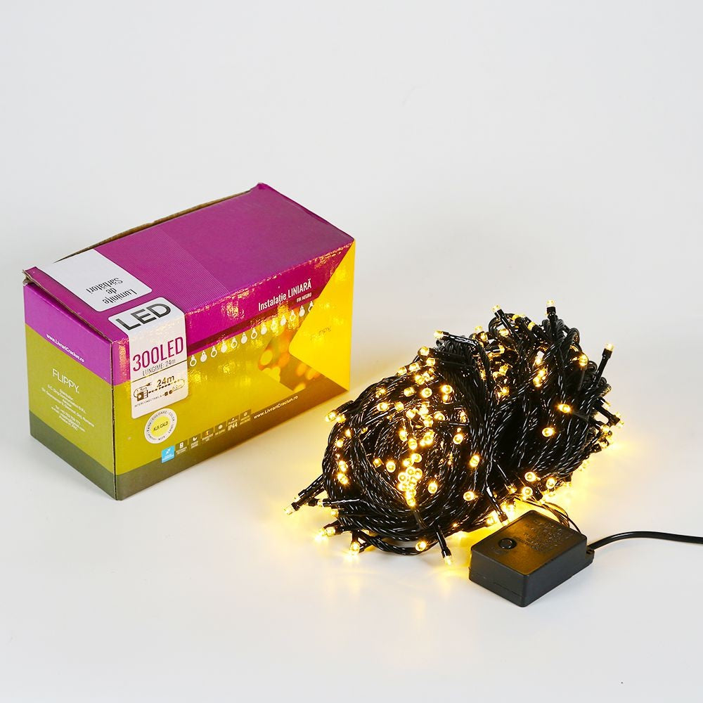 Instalatie de Craciun ® Tip Liniara, Fir Negru, 24 m, 300 LED-uri, Interconectabila, Alb Cald