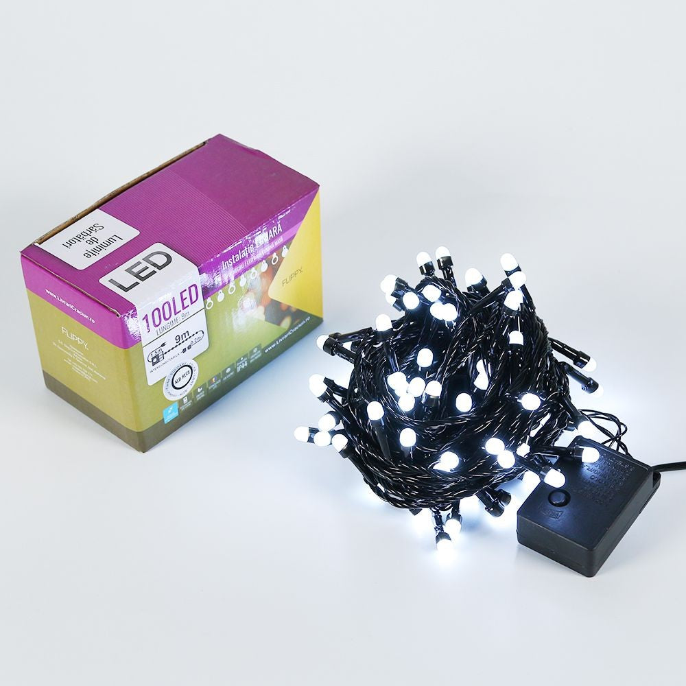 Instalatie de Craciun ® Tip Liniara, Fir Negru, 9 m, 100 LED-uri Mari Rotunde, Interconectabila, Alb Rece