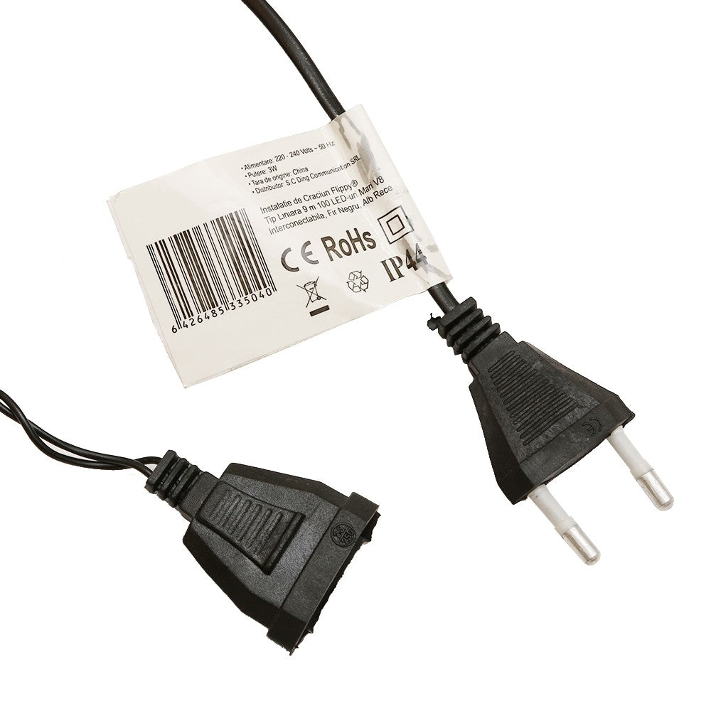 Instalatie de Craciun ® Tip Liniara, Fir Negru, 9 m, 100 LED-uri Mari Rotunde, Interconectabila, Alb Rece