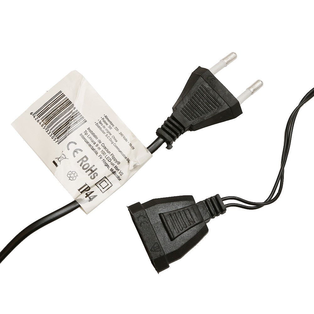 Instalatie de Craciun Flippy® Tip Liniara, Fir Negru, 9 m, 100 LED-uri Mari Rotunde, Interconectabila, Multicolor