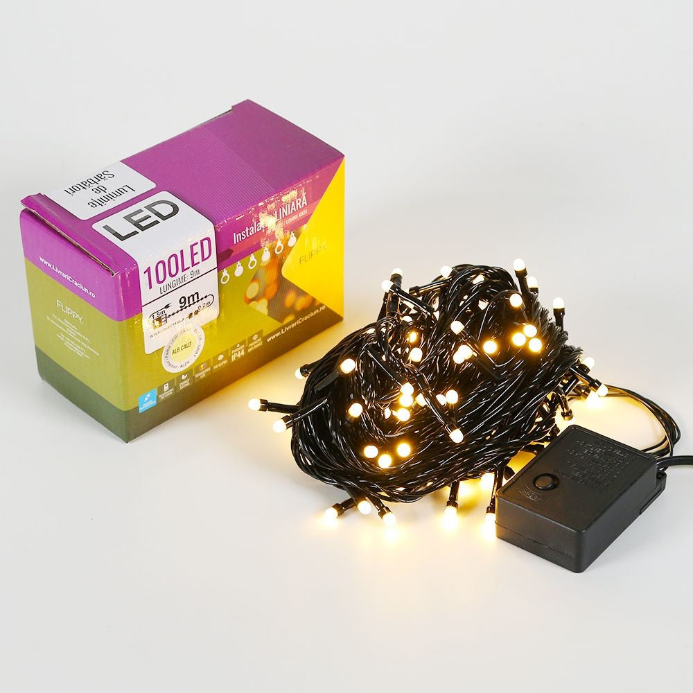 Instalatie de Craciun ® Tip Liniara, Fir Negru, 9 m, 100 LED-uri Mici Rotunde, Interconectabila, Alb Cald