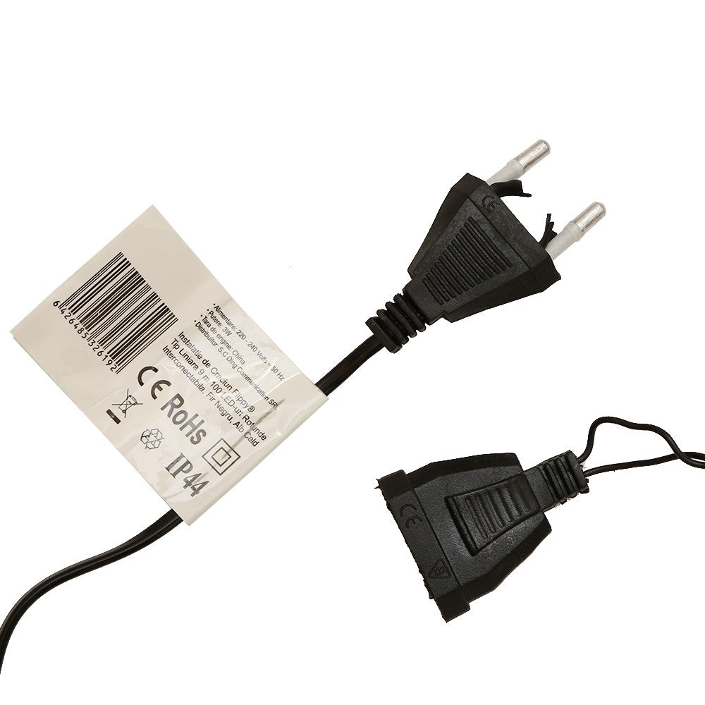 Instalatie de Craciun ® Tip Liniara, Fir Negru, 9 m, 100 LED-uri Mici Rotunde, Interconectabila, Alb Cald