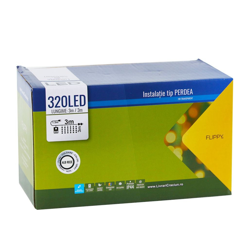 Instalatie de Craciun ® Tip Perdea, 3 x 3 m, 320 LED-uri, Interconectabila, Alb Rece