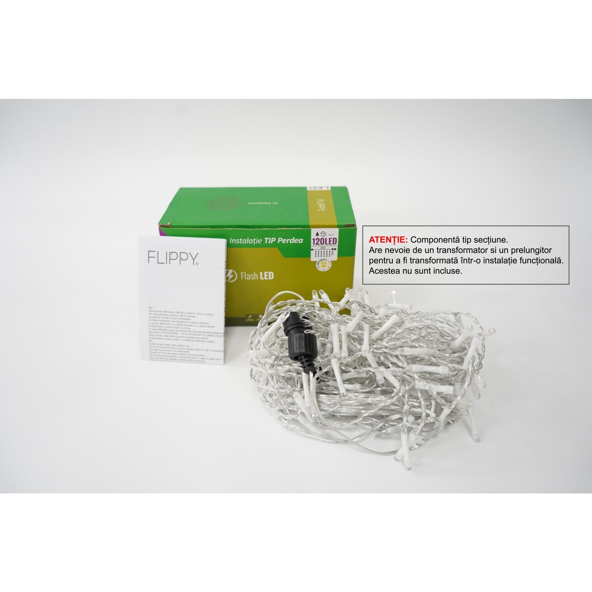 Instalatie de Craciun ® Tip Perdea cu Flash, Sectiune 2 X 1 m, 120 LED-uri, Interconectabila, Fir Transparent, Alb Cald