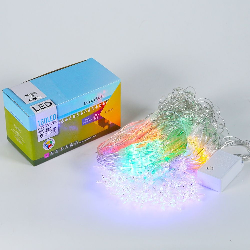 Instalatie de Craciun, Flippy®, Tip Plasa cu Stelute, 6 x 0.5 m, 160 LED-uri, Interconectabila, Multicolor