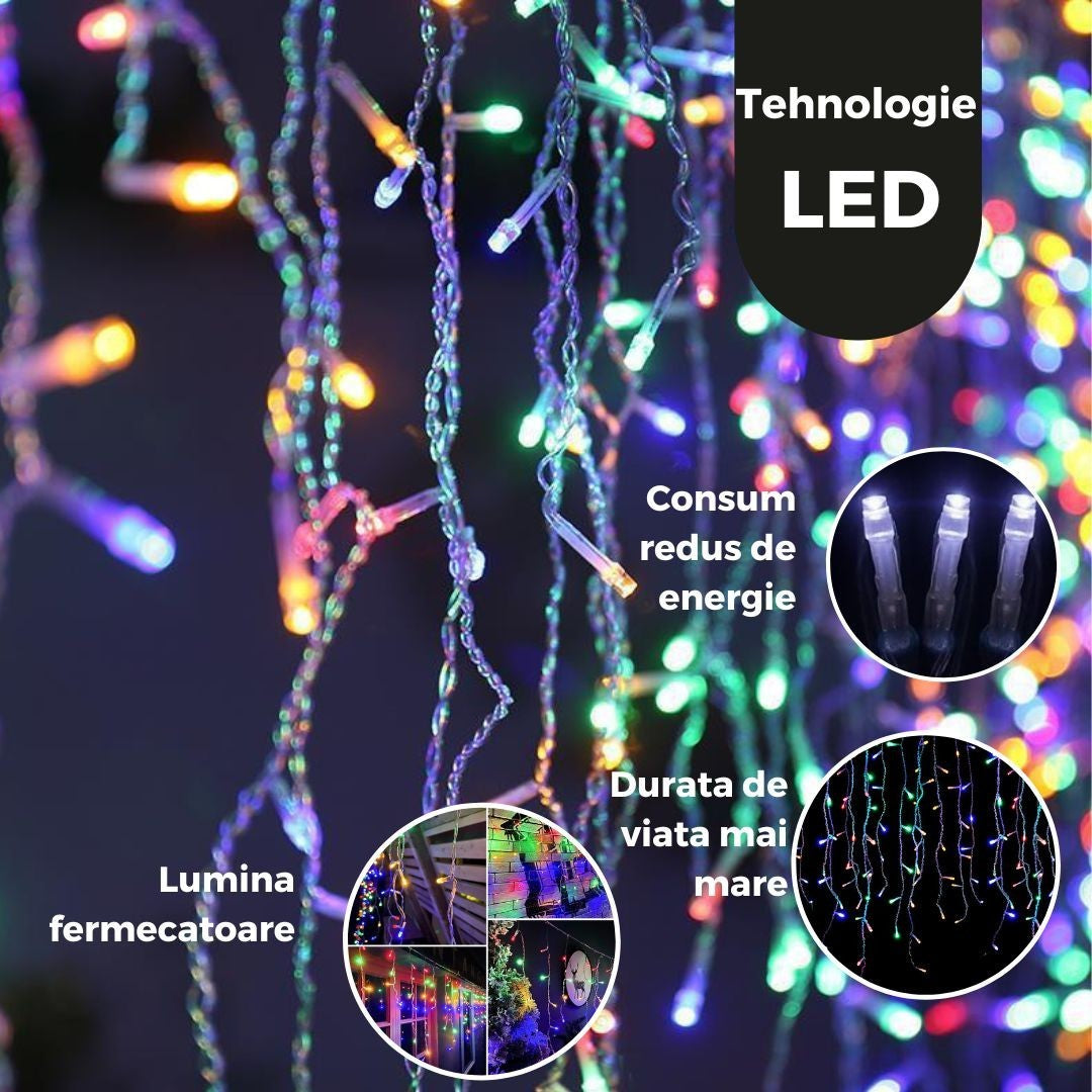 Instalatie de Craciun®, Tip Turturi, Sectiune 5 m, 143 LED-uri, 8 Jocuri de Lumini, Fir Negru, Lumina Multicolora, IP44, Interconectabila