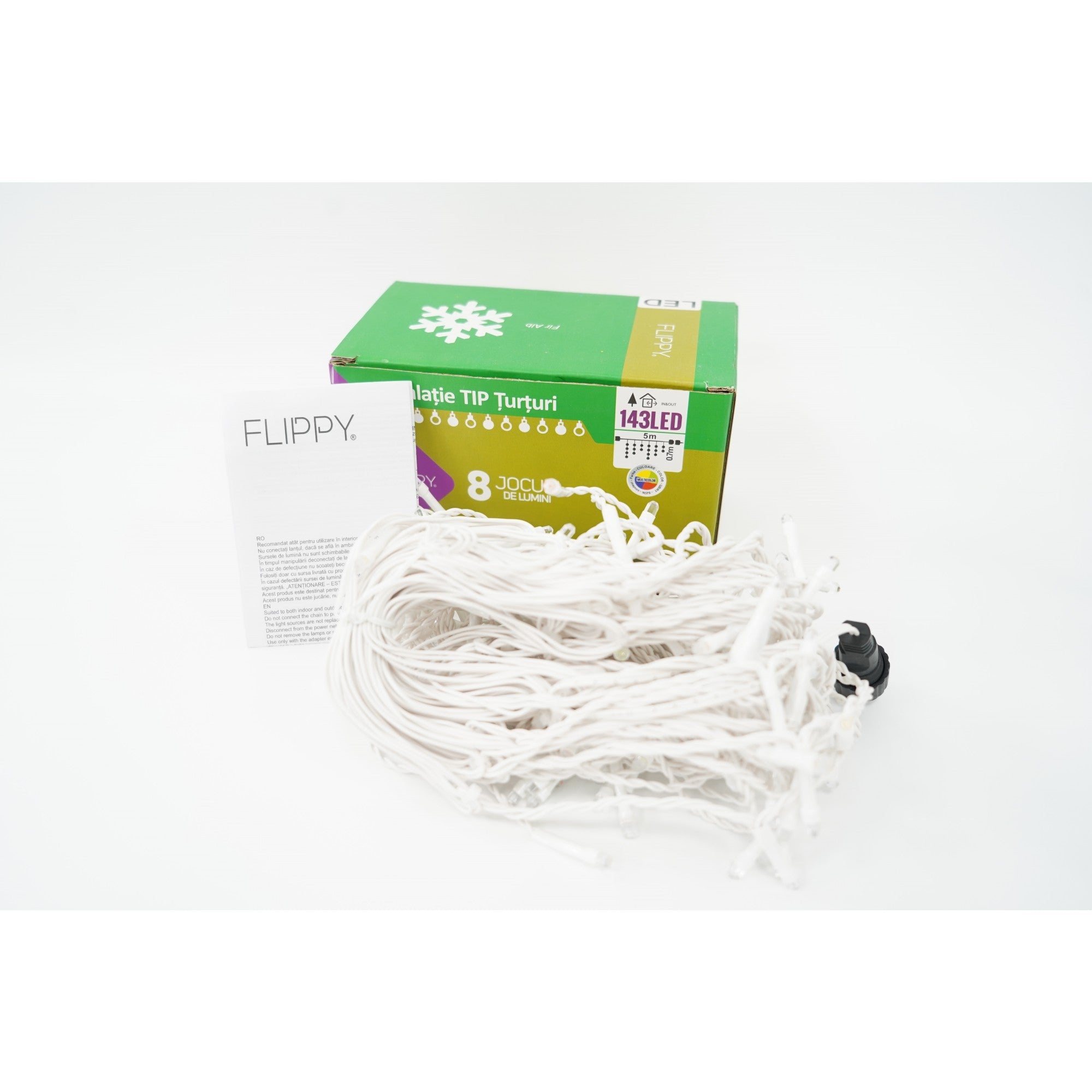 Instalatie de Craciun®, Tip Turturi, Sectiune 5 m, 143 LED-uri, 8 Jocuri de Lumini, Fir Alb, Lumina Multicolora, IP44, Interconectabila