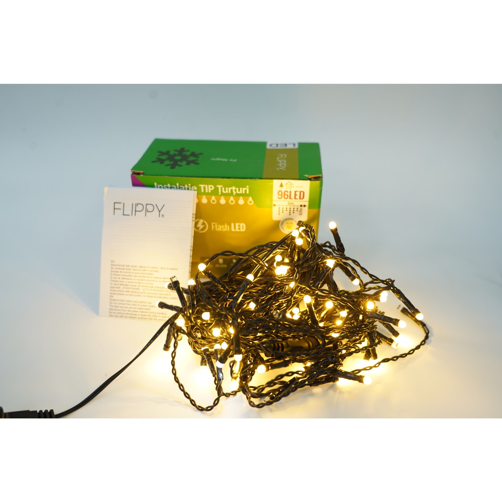 Instalatie de Craciun ® Tip Turturi, Franjuri cu Flash, Sectiune 3 m, 96 LED-uri, Interconectabila, Fir Negru, Alb Cald