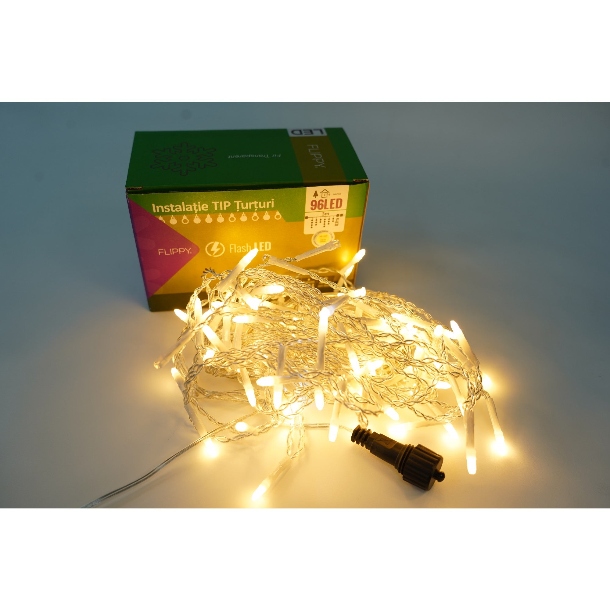Instalatie de Craciun ® Tip Turturi, Franjuri cu Flash, Sectiune 3 m, 96 LED-uri, Interconectabila, Fir Transparent, Alb Cald