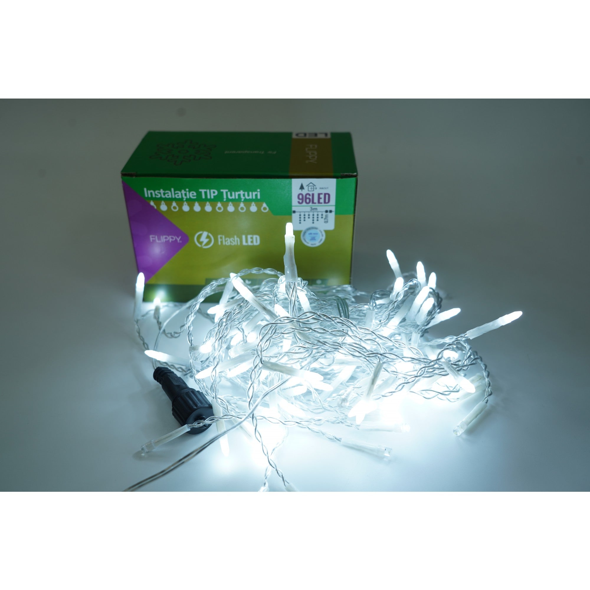 Instalatie de Craciun ® Tip Turturi, Franjuri cu Flash, Sectiune 3 m, 96 LED-uri, Interconectabila, Fir Transparent, Alb Rece