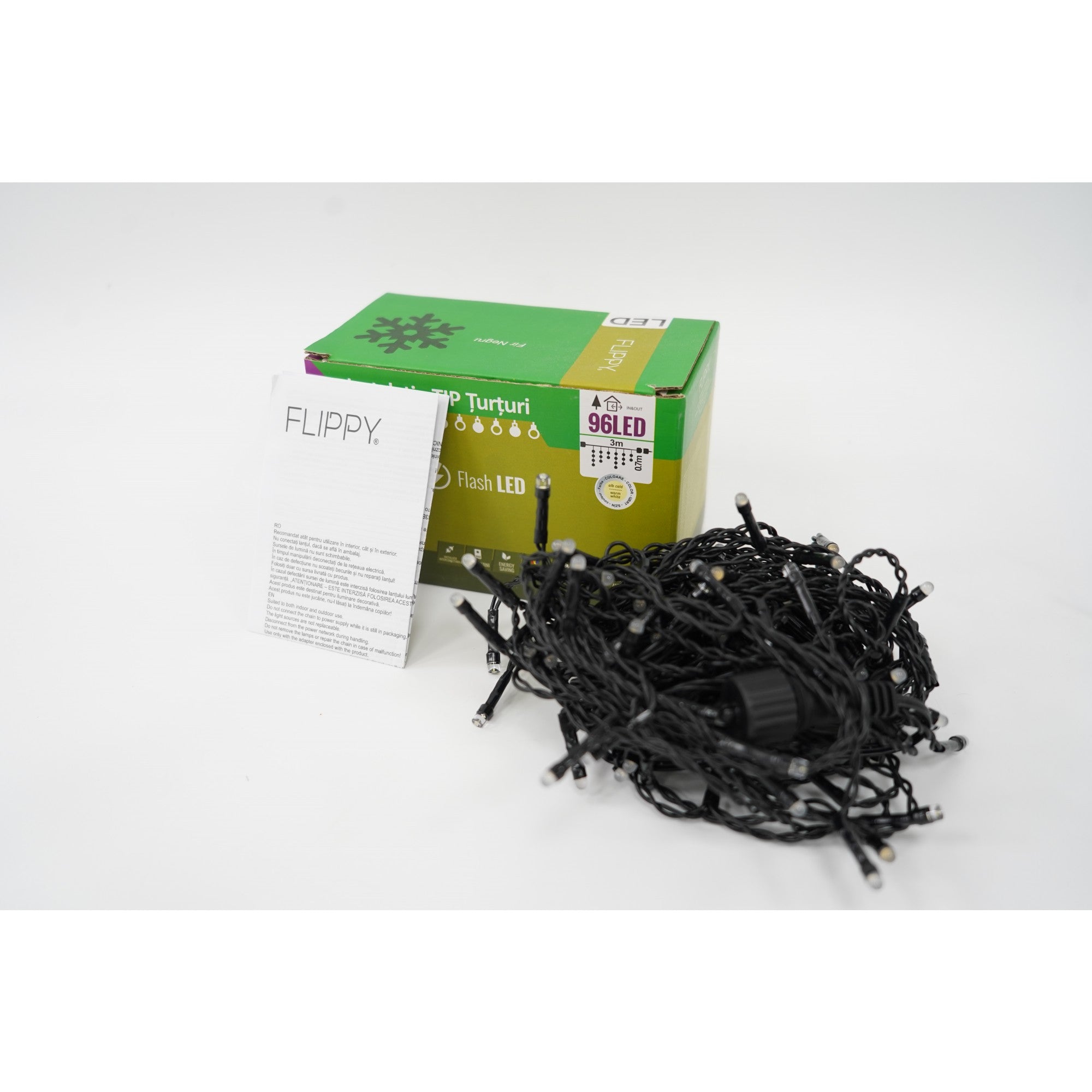 Instalatie de Craciun ® Tip Turturi, Franjuri cu Flash, Sectiune 3 m, 96 LED-uri, Interconectabila, Fir Negru, Alb Cald