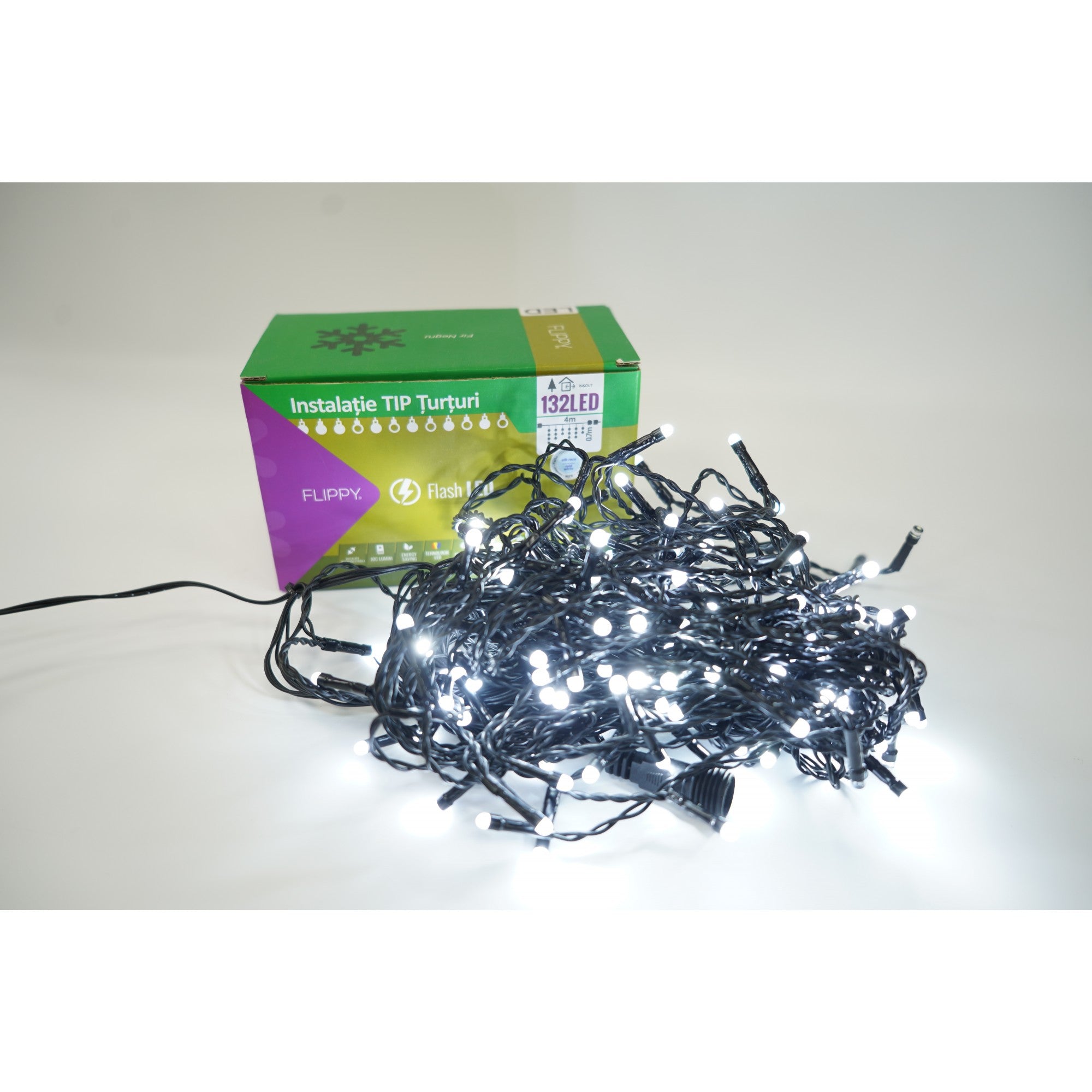 Instalatie de Craciun ® Tip Turturi, Franjuri cu Flash, Sectiune 4 m, 132 LED-uri, Interconectabila, Fir Negru, Alb Rece