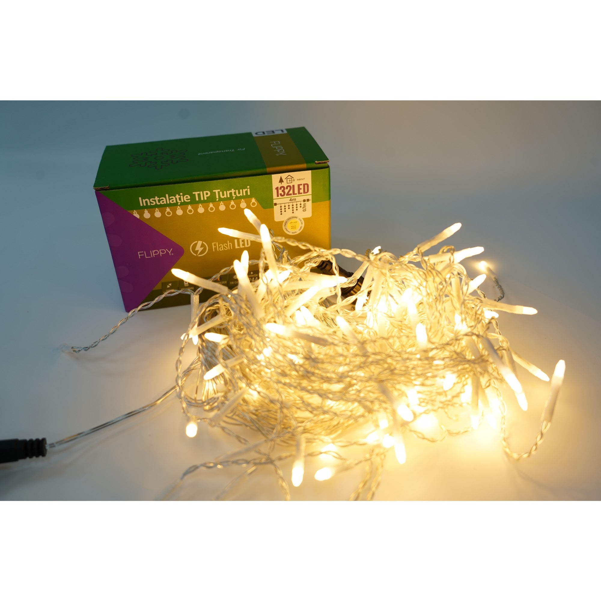 Instalatie de Craciun ® Tip Turturi, Franjuri cu Flash, Sectiune 4 m, 132 LED-uri, Interconectabila, Fir Transparent, Alb Cald