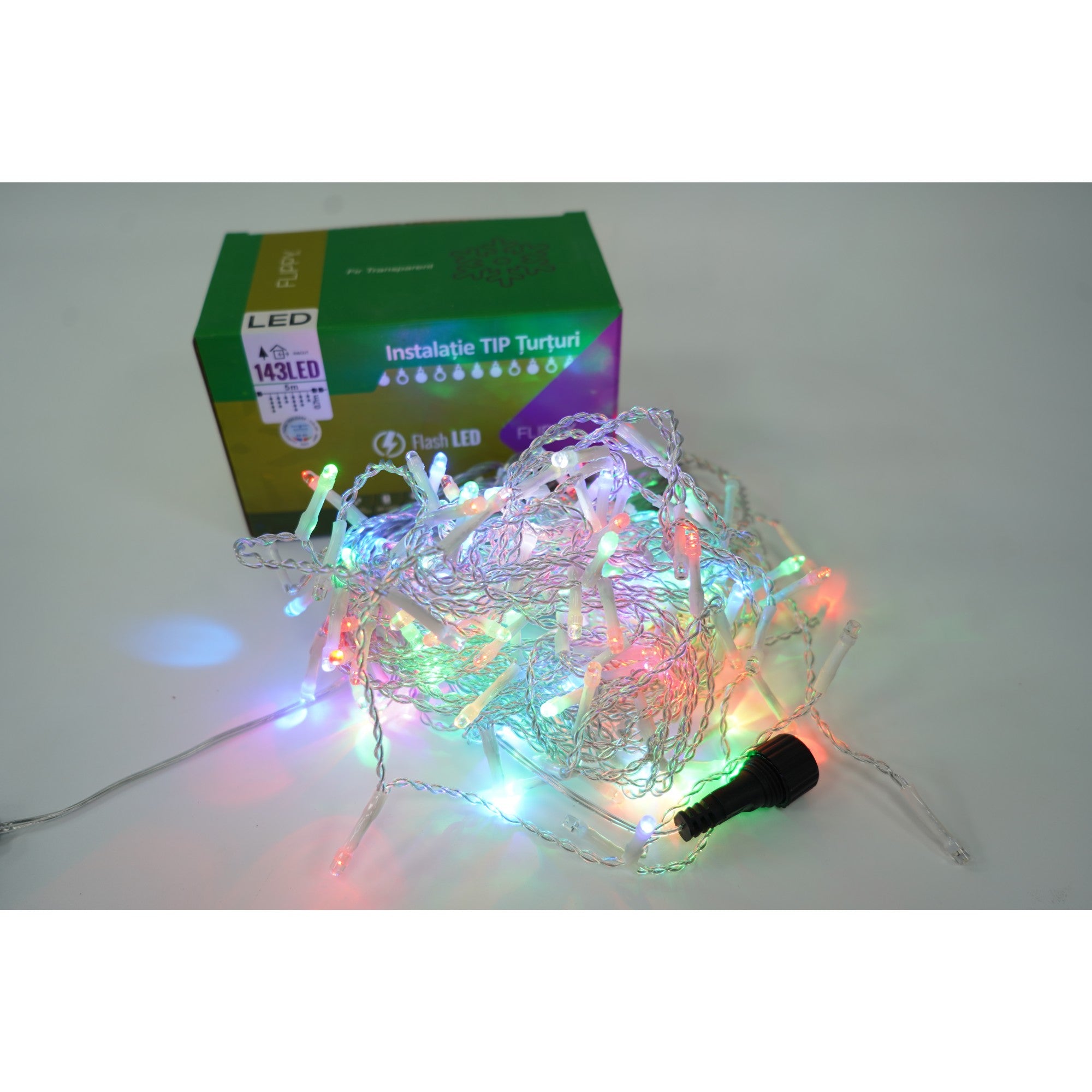 Instalatie de Craciun ® Tip Turturi, Franjuri cu Flash, Sectiune 5 m, 143 LED-uri, Interconectabila, Fir Transparent, RB-RG