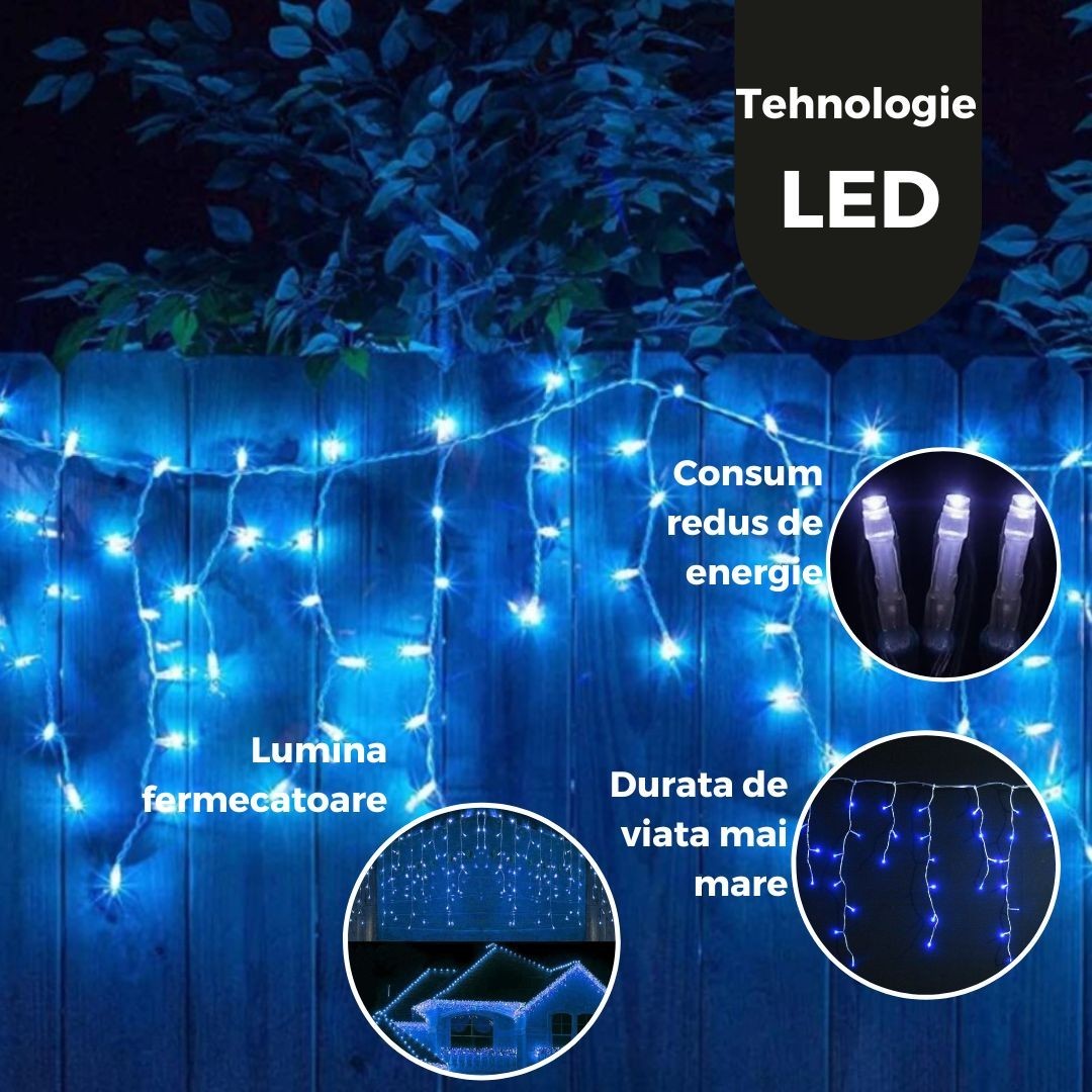 Instalatie de Craciun®, Tip Turturi, Sectiune 5 m, 143 LED-uri, 8 Jocuri de Lumini, Fir Alb, Lumina Albastra, IP44, Interconectabila