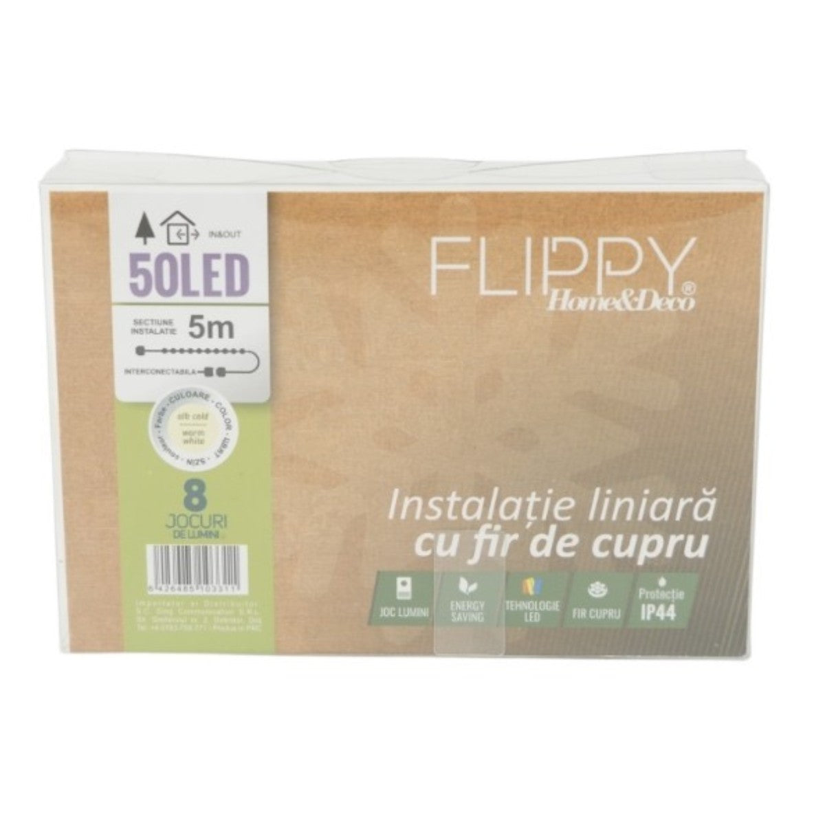 Instalatie de Craciun Liniara®, Tip Liniara, Fir Cupru, 8 Jocuri de Lumini, cu Telecomanda, 5 m, 50 Led-uri, Alimentare USB, 4.5V, Alb Cald