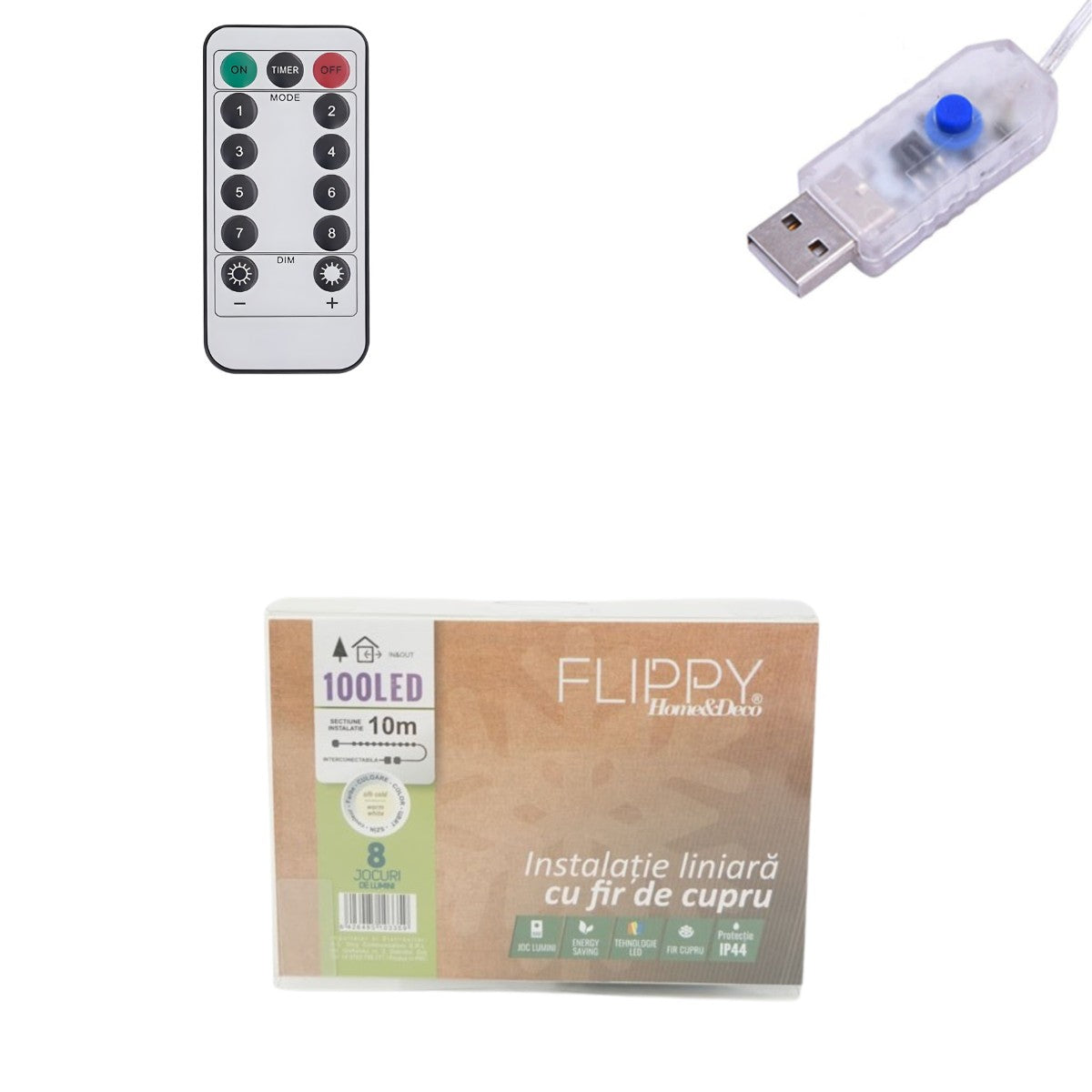 Instalatie de Craciun Liniara®, Tip Liniara, Fir Cupru, 8 Jocuri de Lumini, cu Telecomanda, 10 m, 100 Led-uri, Alimentare USB, 4.5V, Alb Cald