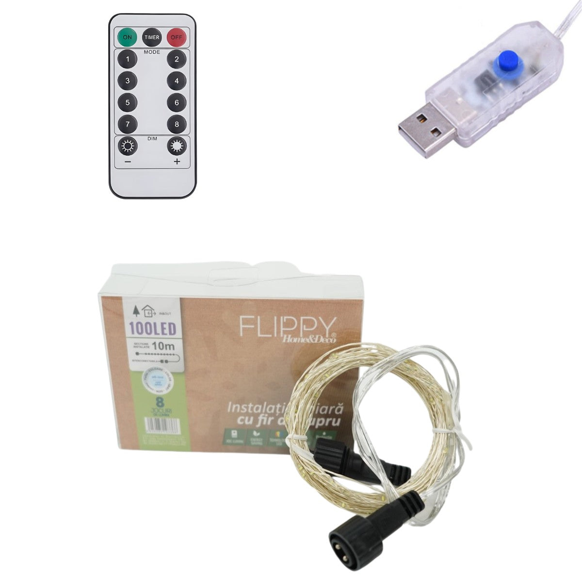 Instalatie de Craciun Liniara®, Tip Liniara, Fir Cupru, 8 Jocuri de Lumini, cu Telecomanda, 10 m, 100 Led-uri, Alimentare USB, 4.5V, Alb Rece