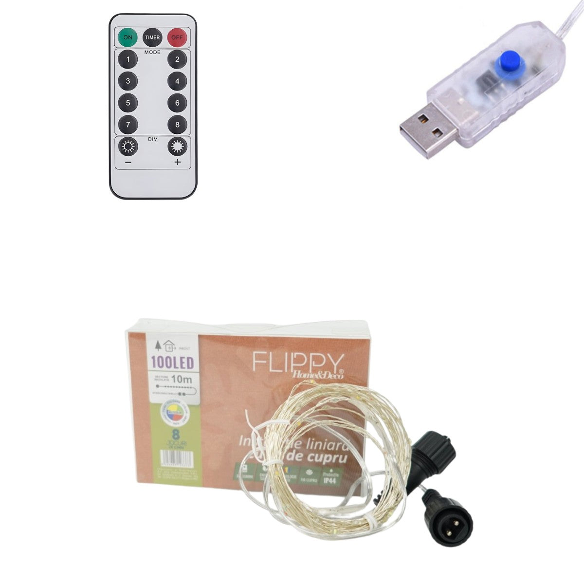 Instalatie de Craciun Liniara®, Tip Liniara, Fir Cupru, 8 Jocuri de Lumini, cu Telecomanda, 10 m, 100 Led-uri, Alimentare USB, 4.5V, Multicolor