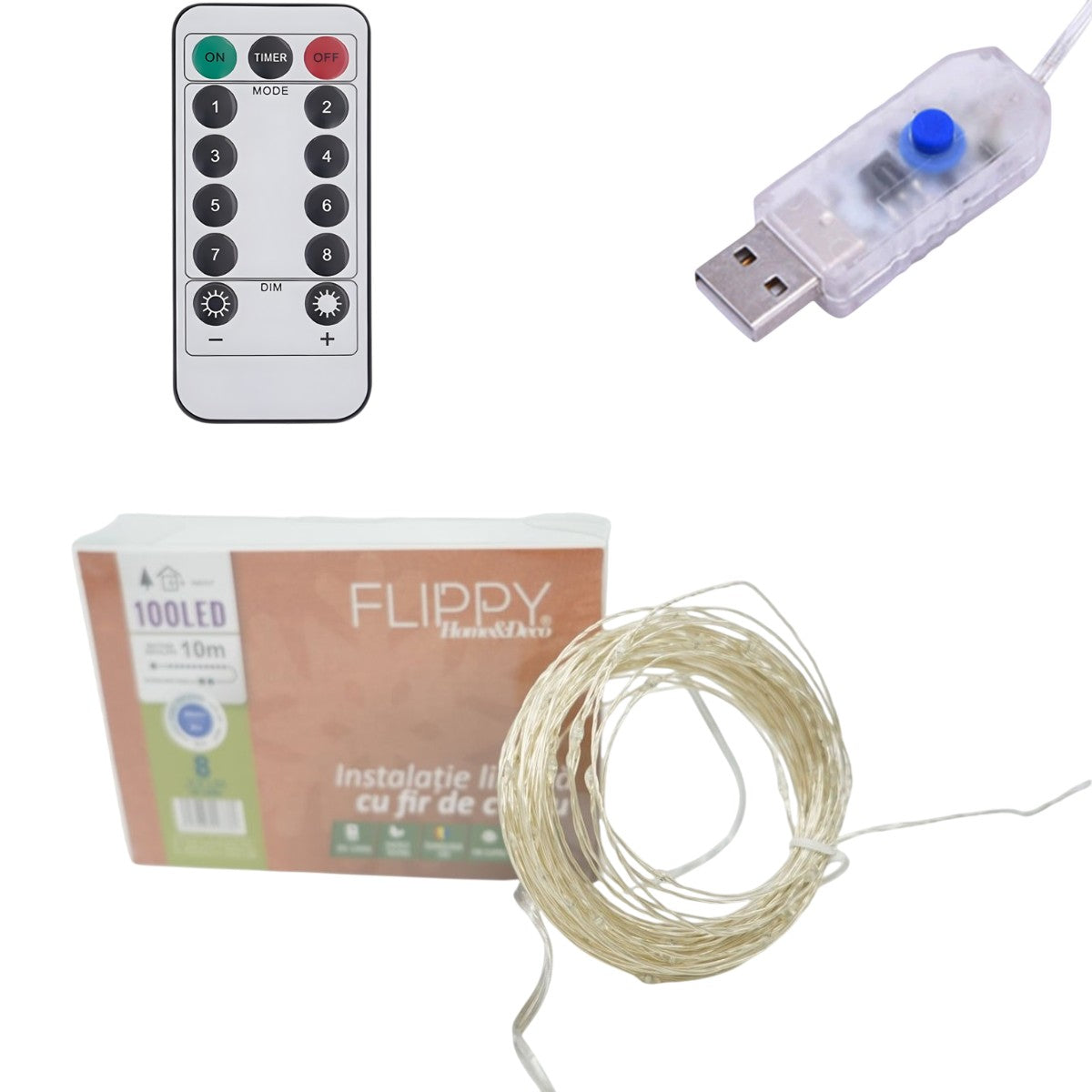 Instalatie de Craciun Liniara®, Tip Liniara, Fir Cupru, 8 Jocuri de Lumini, cu Telecomanda, 10 m, 100 Led-uri, Alimentare USB, 4.5V, Albastru