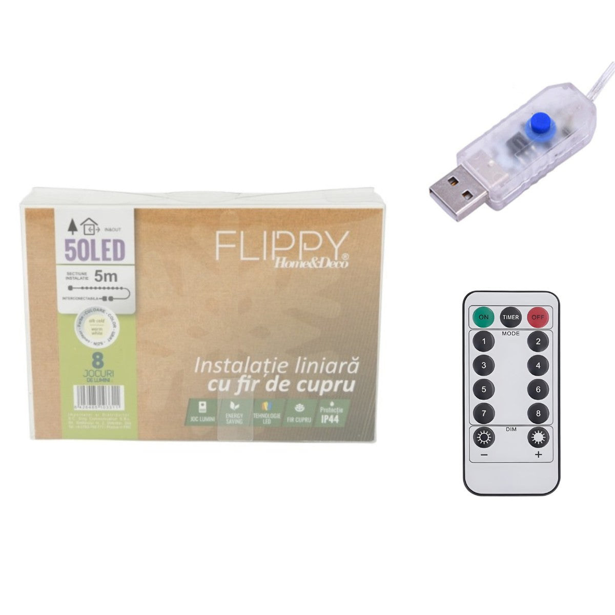 Instalatie de Craciun Liniara®, Tip Liniara, Fir Cupru, 8 Jocuri de Lumini, cu Telecomanda, 5 m, 50 Led-uri, Alimentare USB, 4.5V, Alb Cald
