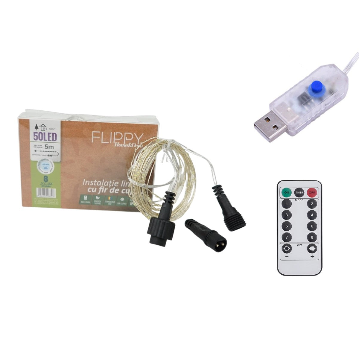 Instalatie de Craciun Liniara®, Tip Liniara, Fir Cupru, 8 Jocuri de Lumini, cu Telecomanda, 5 m, 50 Led-uri, Alimentare USB, 4.5V, Alb Rece