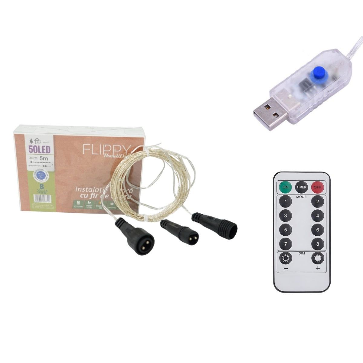 Instalatie de Craciun Liniara®, Tip Liniara, Fir Cupru, 8 Jocuri de Lumini, cu Telecomanda, 5 m, 50 Led-uri, Alimentare USB, 4.5V, Albastru