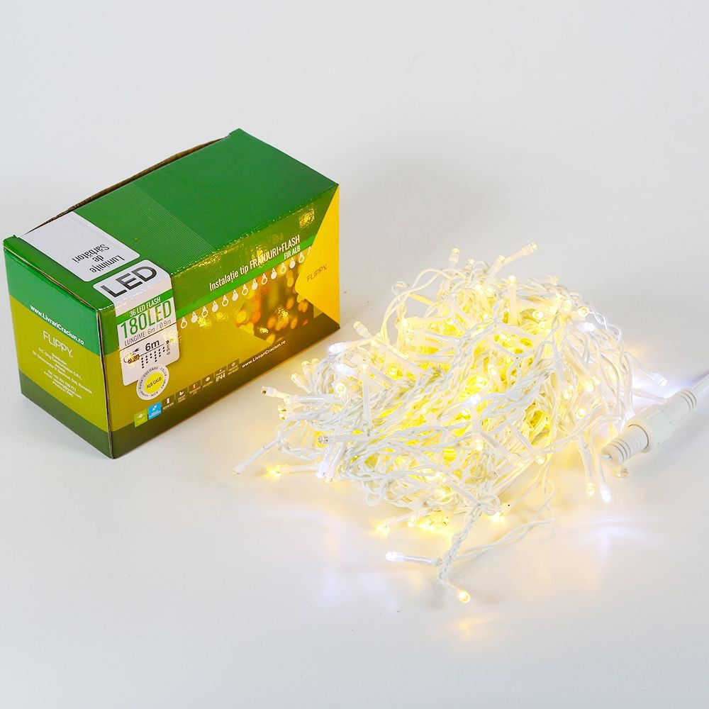 Instalatie de Craciun, Premium Flippy®, Tip Franjuri cu Flash, 6 m, 180 LED-uri, Alb Cald, Interconectabila