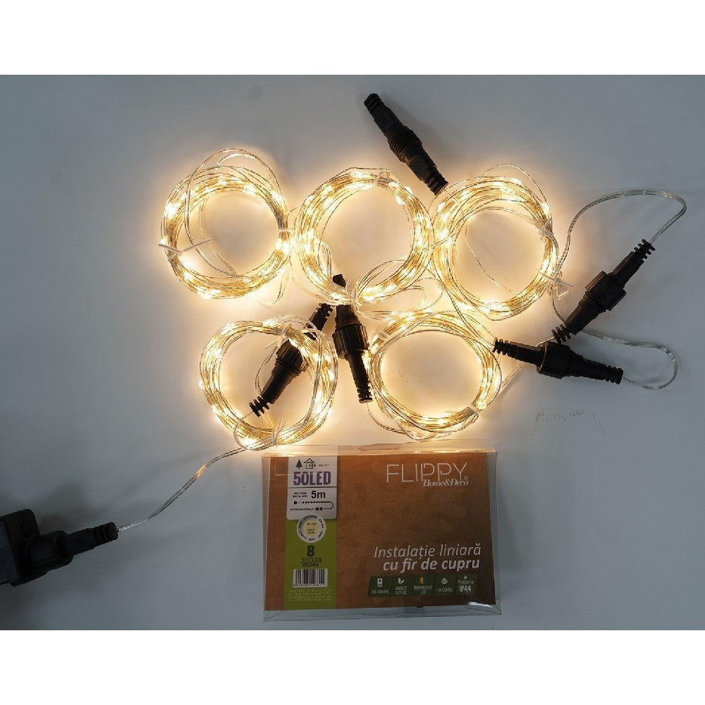 Instalatie Liniara de Craciun, 30 m, Alb Cald, 3 Sectiuni interconectabile, 300 Led-uri, 8 jocuri de lumini, Transformator, Prelungitor 3 m inclus, Fir Cupru
