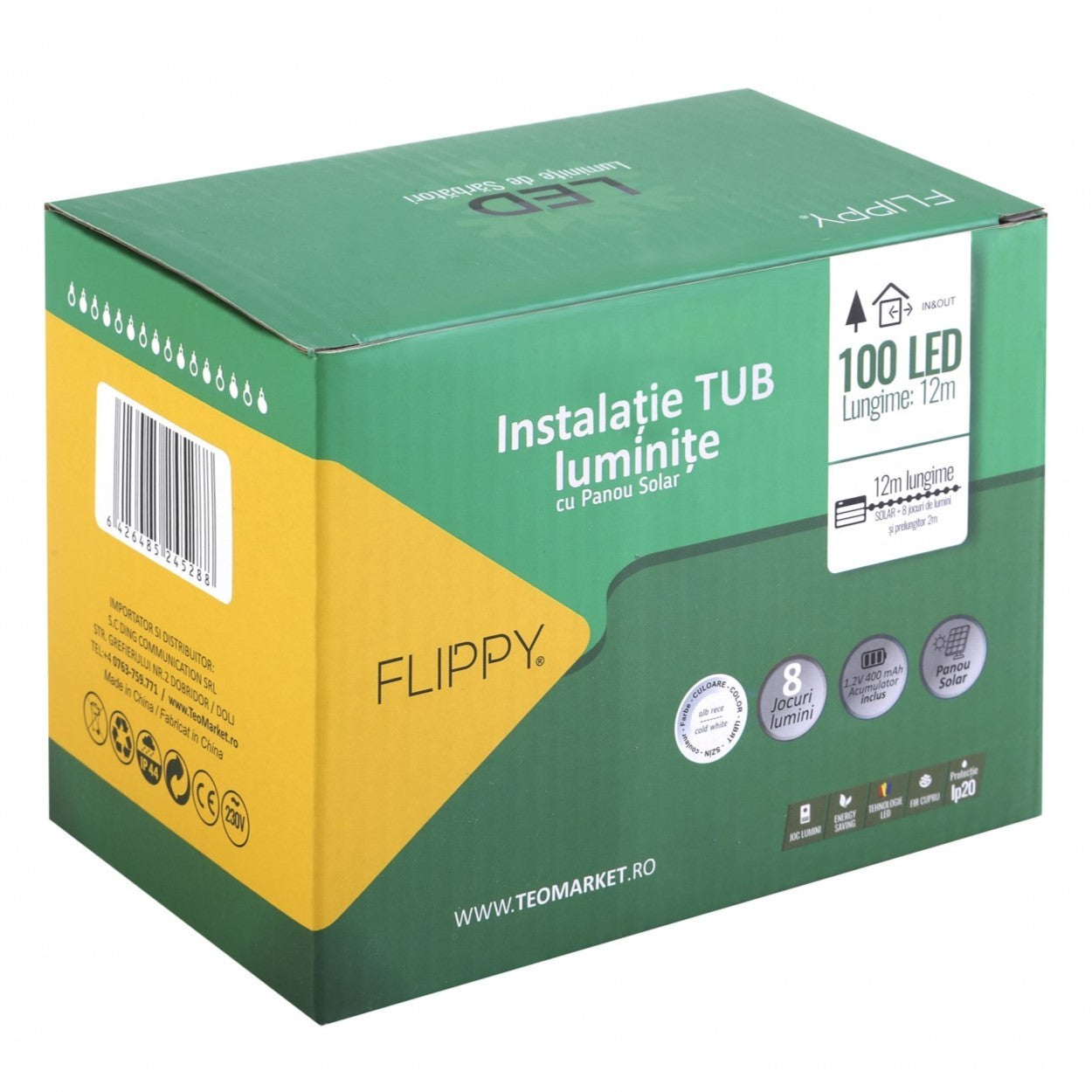 Instalatie luminoasa de Craciun tip furtun luminos, 100 LED-uri, 12 metri lungime, 8 programe, 2 metri prelungitor, sarma din cupru, incarcare solara, alb rece