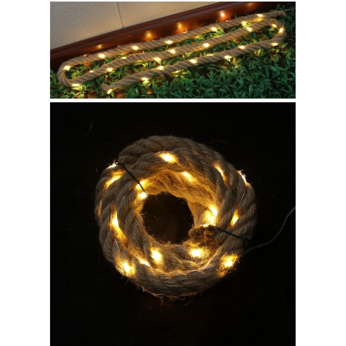 Instalatie Luminoasa, Flippy, cu Fir de Cupru, 3 m, 60 LED-uri, Model Sfoara de Canepa, cu Baterii, 8 Jocuri de Lumini, IP44, Alb Cald