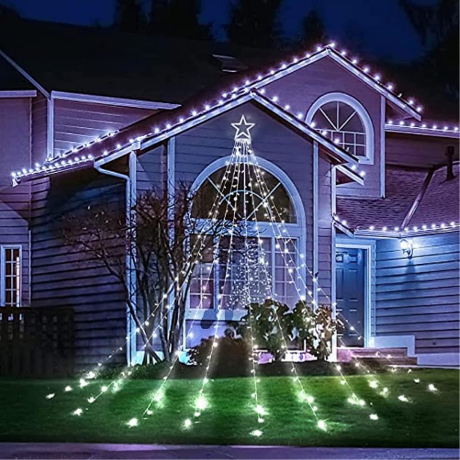 Instalatie Tip Perdea Pentru Pomul De Craciun, Cu Stea Luminoasa, 350 LED-uri, Conectare La Retea, Interior/Exterior, Lumina Rece