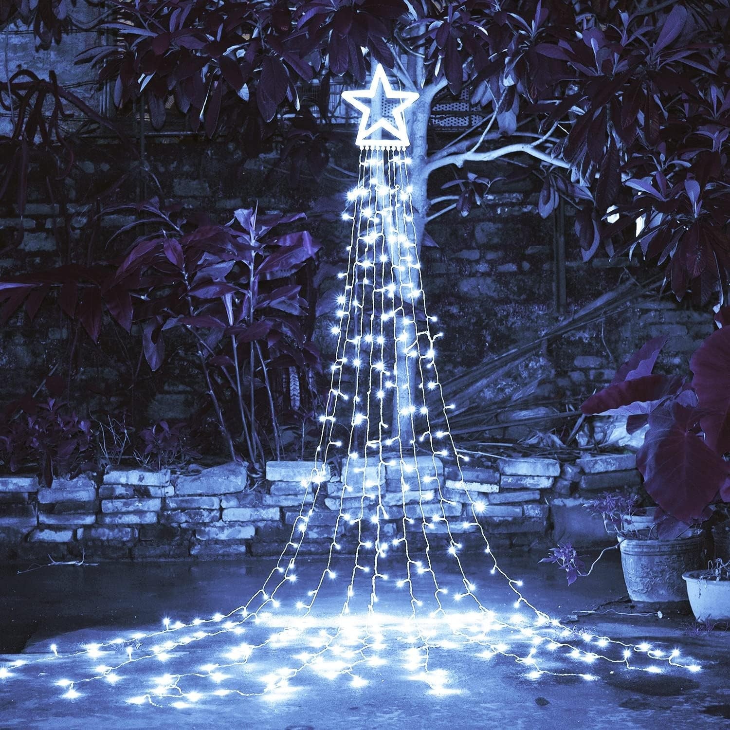 Instalatie Tip Perdea Pentru Pomul De Craciun, Cu Stea Luminoasa, 350 LED-uri, Conectare La Retea, Interior/Exterior, Lumina Rece