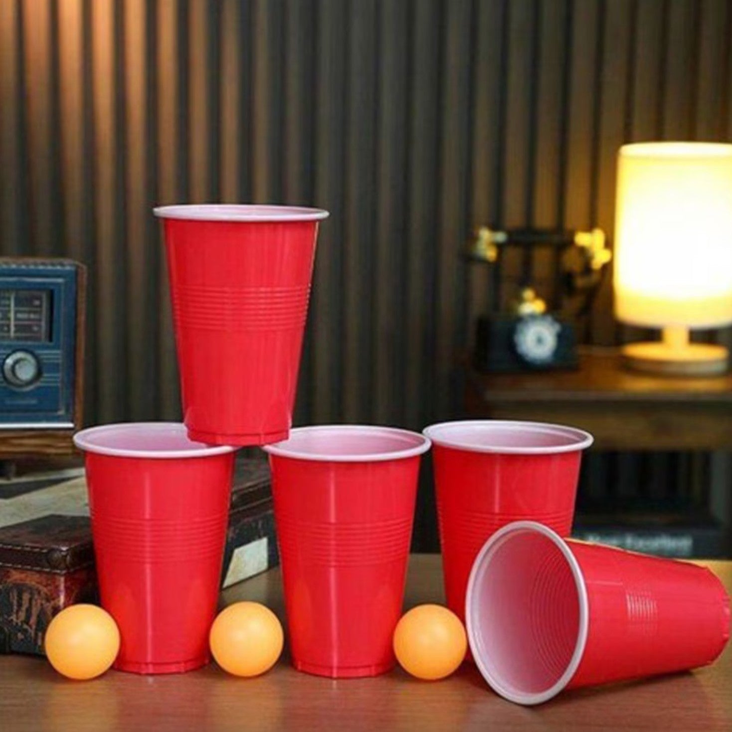 Joc de Baut BEER PONG, Set din 12 Mingi de Tenis si 12 Pahare Reutilizabile, Joc Interactiv pentu Adulti, Albastru Rosu