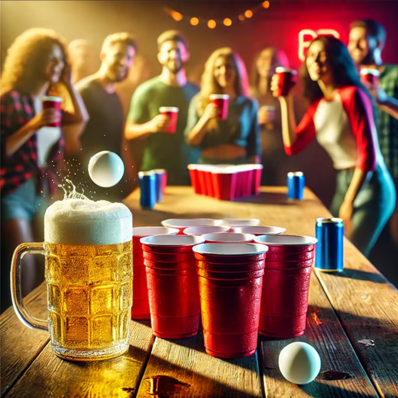 Joc de Baut BEER PONG, Set din 12 Mingi de Tenis si 12 Pahare Reutilizabile, Joc Interactiv pentu Adulti, Albastru Rosu