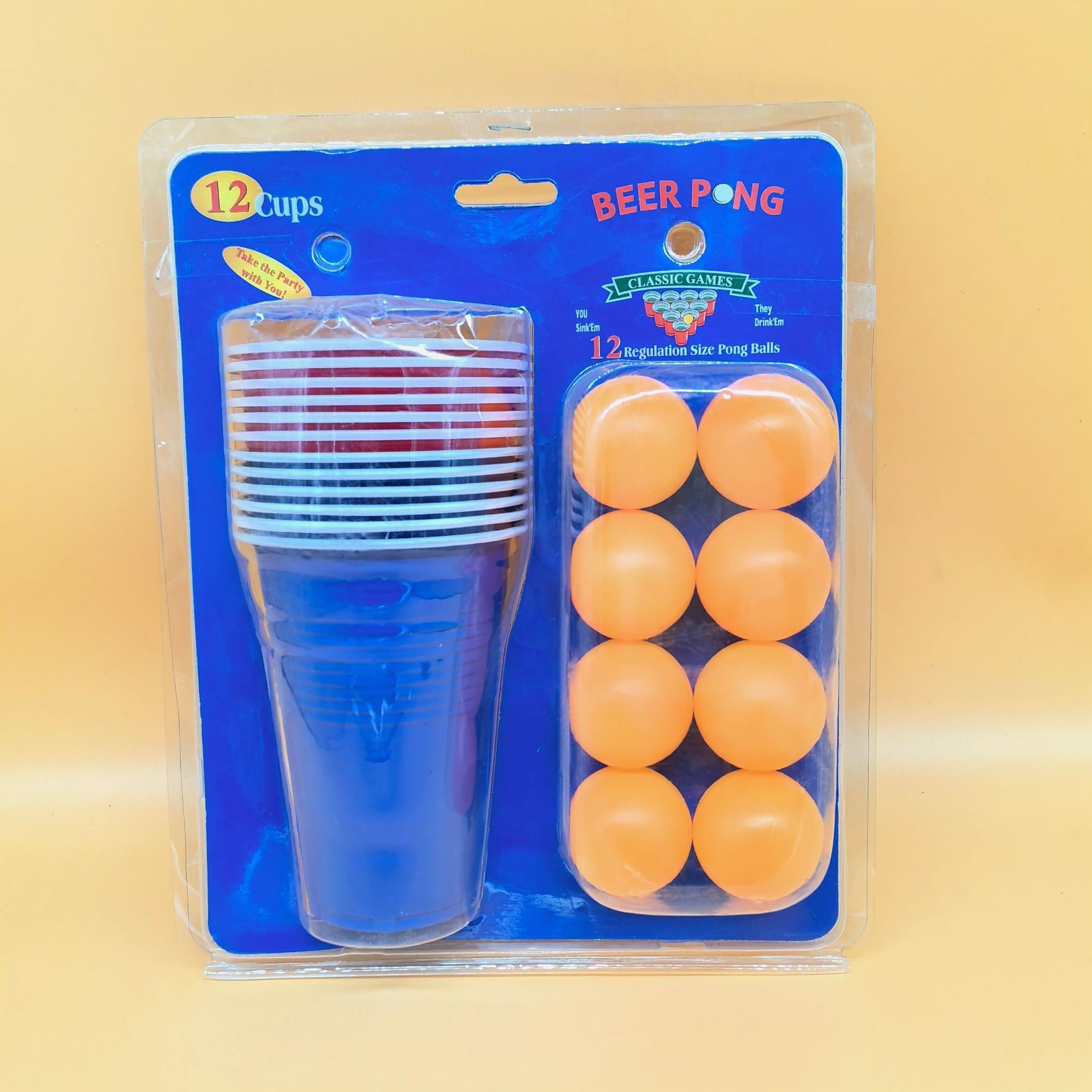 Joc de Baut BEER PONG, Set din 12 Mingi de Tenis si 12 Pahare Reutilizabile, Joc Interactiv pentu Adulti, Albastru Rosu