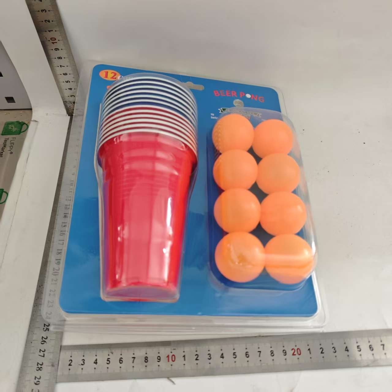 Joc de Baut BEER PONG, Set din 12 Mingi de Tenis si 12 Pahare Reutilizabile, Joc Interactiv pentu Adulti, Albastru Rosu