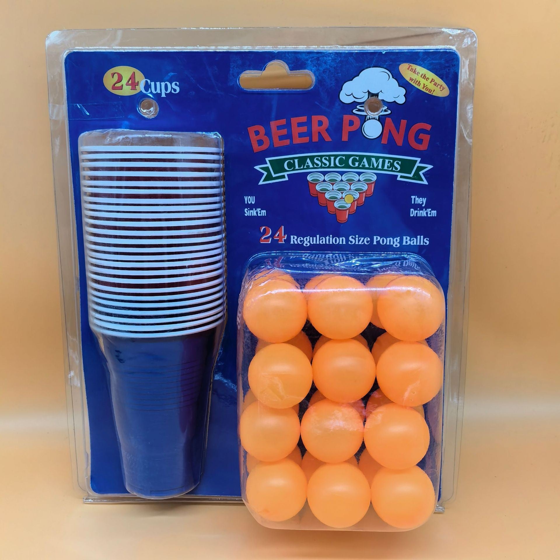 Joc de Baut BEER PONG, Set din 24 Mingi de Tenis si 24 Pahare Reutilizabile, Joc Interactiv pentu Adulti, Albastru Portocaliu