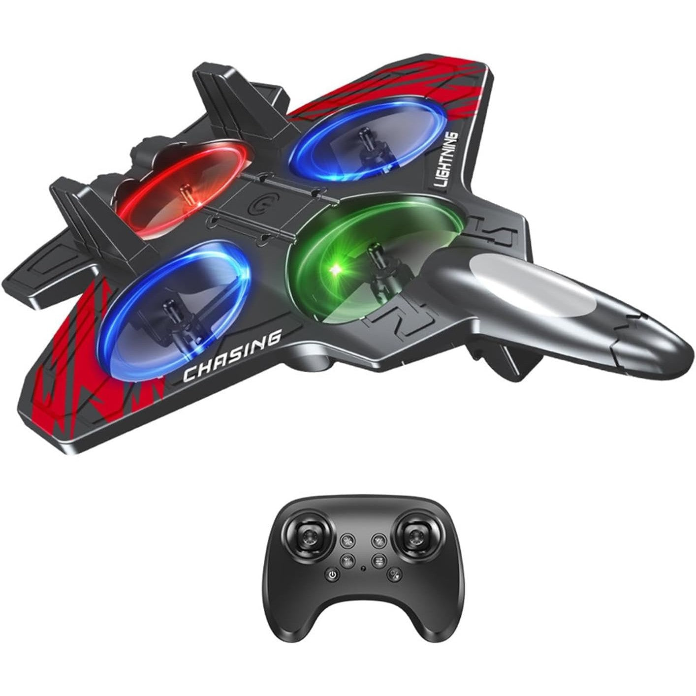 Avion de Lupta cu Telecomanda, Tip Drona, din EVA (Spuma), cu Telecomanda, Incarcare USB, 2.4 GHz, Rotire 360°, Zbor pana la 120 m, LED, 25.5 x 18 x 5.2 cm, Negru-Rosu