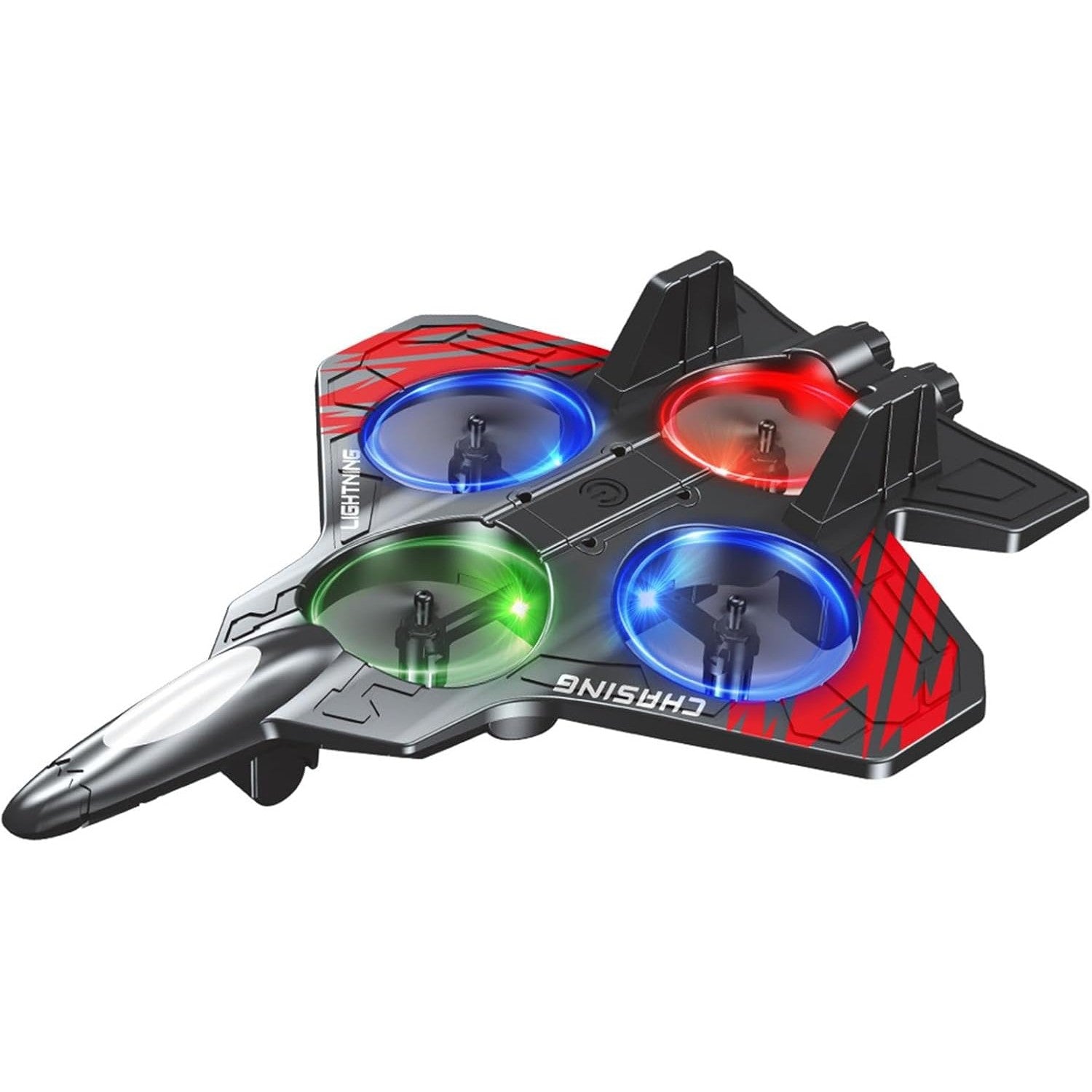 Avion de Lupta cu Telecomanda, Tip Drona, din EVA (Spuma), cu Telecomanda, Incarcare USB, 2.4 GHz, Rotire 360°, Zbor pana la 120 m, LED, 25.5 x 18 x 5.2 cm, Negru-Rosu