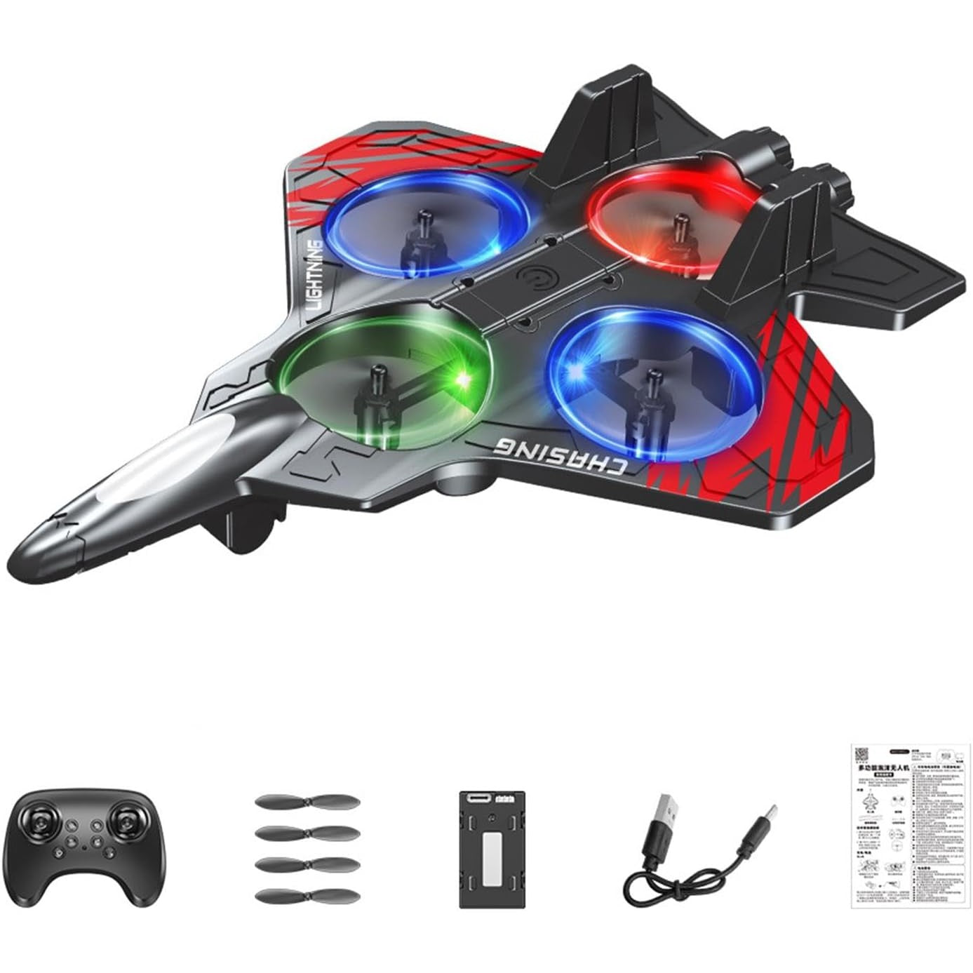 Avion de Lupta cu Telecomanda, Tip Drona, din EVA (Spuma), cu Telecomanda, Incarcare USB, 2.4 GHz, Rotire 360°, Zbor pana la 120 m, LED, 25.5 x 18 x 5.2 cm, Negru-Rosu