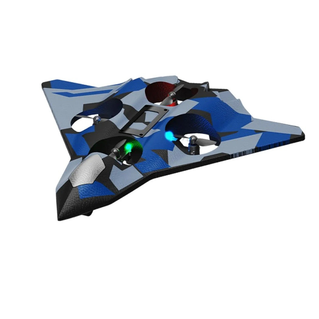 Avion de Lupta cu Telecomanda, Tip Drona, din EVA (Spuma), cu Telecomanda, Incarcare USB, 2.4 GHz, Rotire 360°, Zbor pana la 100 m, LED, 24 x 25.5 x 4.2 cm, Model Army, Albastru